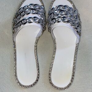 Wild Diva Silver and White Chain Slide Sandals